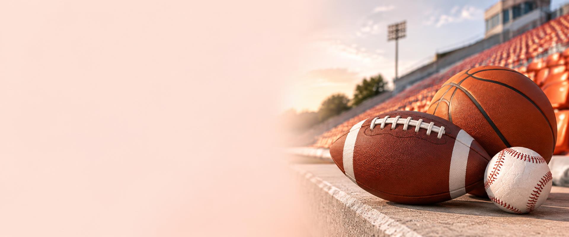 Football, basketball and baseball on a stadium sideline